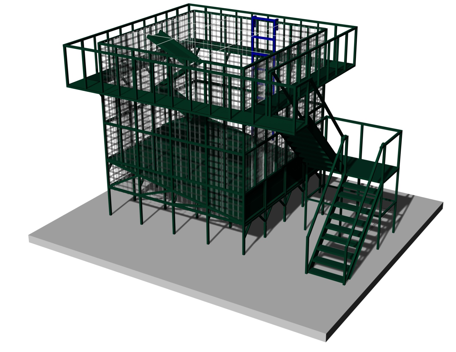 Render 3D de estructura metálica de varios niveles con malla y escalera