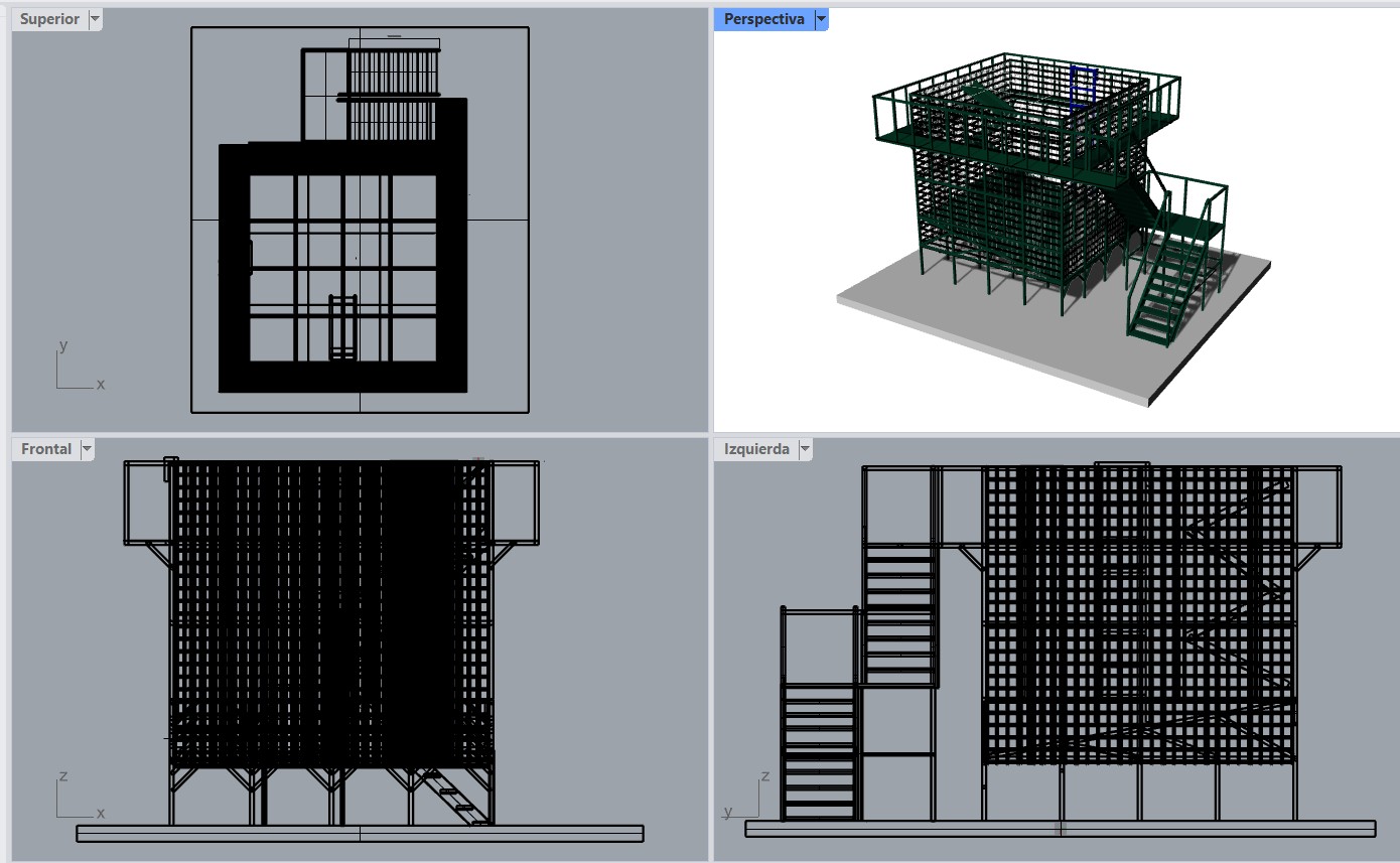 Planos 3D de estructura metálica en vistas superior, perspectiva, frontal e izquierda